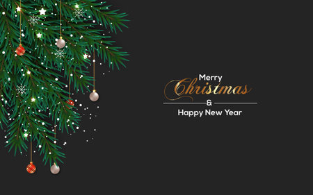 Vector realistic Christmas background decoration with pine branches and Christmas ballのイラスト素材