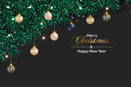 Vector realistic Christmas background decoration with pine branches and Christmas ballのイラスト素材
