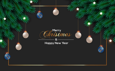 Vector realistic Christmas background decoration with pine branches and Christmas ballのイラスト素材