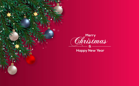 Vector realistic Christmas background decoration with pine branches and Christmas ballのイラスト素材