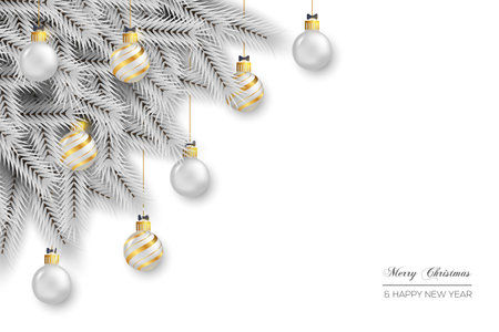 Vector realistic Christmas background decoration with pine branches and Christmas ballのイラスト素材