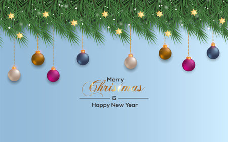 Vector realistic Christmas background decoration with pine branches and Christmas ballのイラスト素材