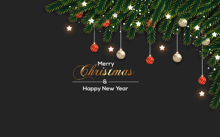 Vector realistic Christmas background decoration with pine branches and Christmas ballのイラスト素材