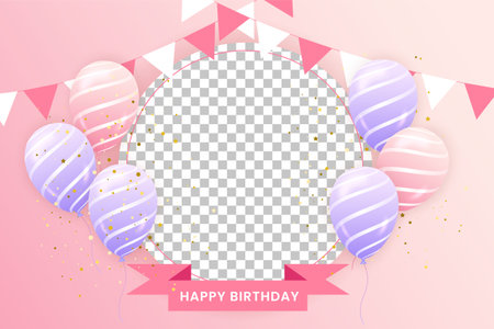 Happy birthday horizontal illustration with 3d realistic pink and purple balloon on pink background with text and glitter confettiのイラスト素材