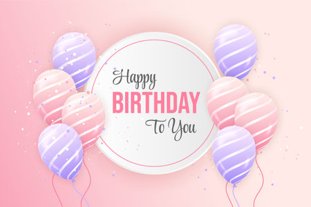 Happy birthday horizontal illustration with 3d realistic pink and purple balloon on pink background with text and glitter confettiのイラスト素材