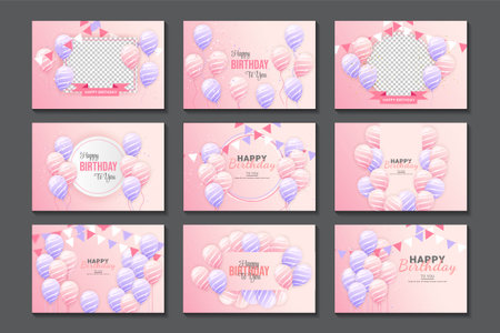 Happy birthday set  horizontal illustration with 3d realistic pink and purple balloon on pink background with text and glitter confettiのイラスト素材