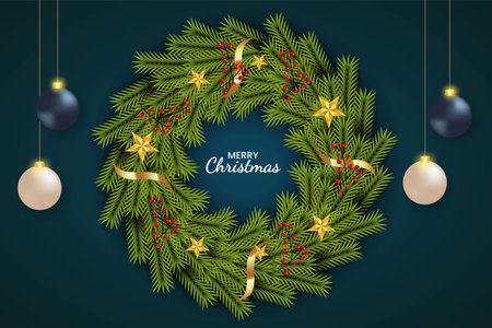Christmas wreath decoration . wreath vector with pine leaves, christmas balls and a golden ribbon. christmas wreath on dark backgroundのイラスト素材