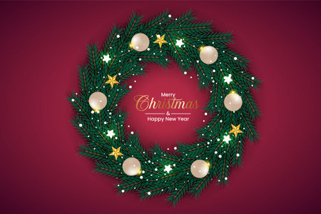 Christmas wreath decoration . wreath vector with pine leaves, christmas balls and a golden ribbon. christmas wreath on dark backgroundのイラスト素材
