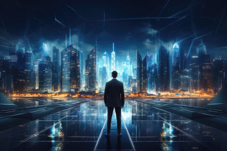 Back view of Businessman looking at night City Ai generatorの素材