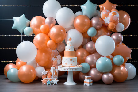 Birthday decoration with color balloons an gift boxes in an room concept, AI generatedの素材