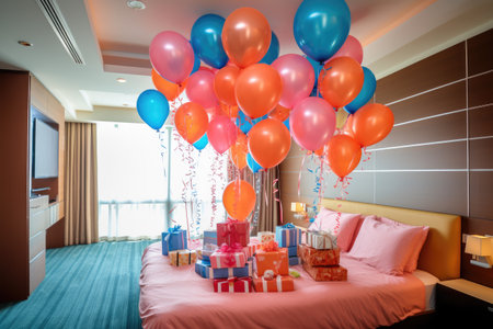Birthday decoration with color balloons an gift boxes in an room concept, AI generatedの素材