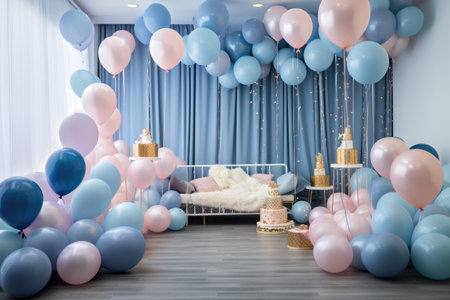 Birthday decoration with color balloons an gift boxes in an room concept, AI generatedの素材