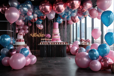 Birthday decoration with color balloons an gift boxes in an room concept, AI generatedの素材
