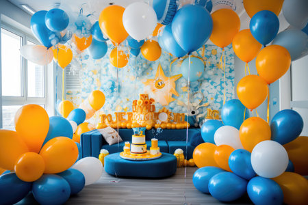 Birthday decoration with color balloons an gift boxes in an room concept, AI generatedの素材