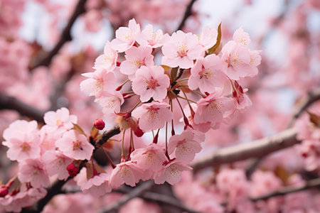 Closeup of spring seasonal cherry blossom flower and sakura flower on bokeh background Ai generatedの素材