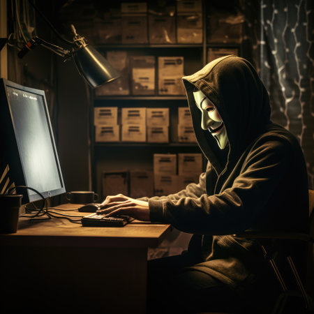 A hacker wearing anonymous mask and hacking pc Ai generatedの素材