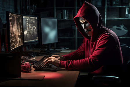 A hacker wearing anonymous mask and hacking pc Ai generatedの素材