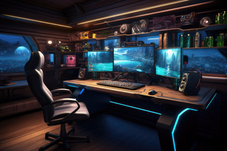 Futuristic gaming room with monitors and computers, 3d rendering of a computer room with a lot of gaming equipment , AI Generatedの素材