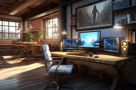 Futuristic gaming room with monitors and computers, 3d rendering of a computer room with a lot of gaming equipment , AI Generatedの素材