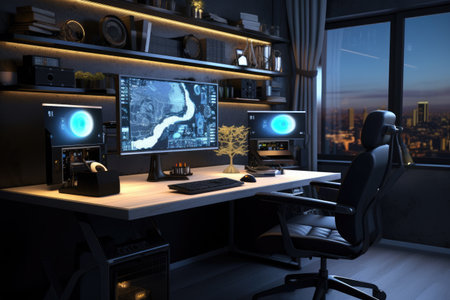 Futuristic gaming room with monitors and computers, 3d rendering of a computer room with a lot of gaming equipment , AI Generatedの素材
