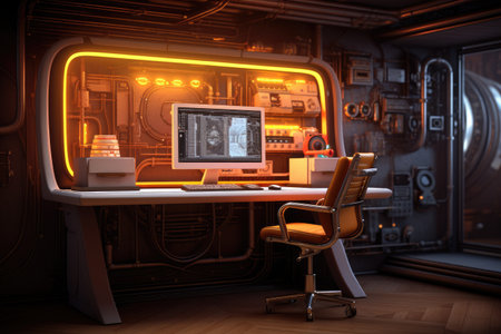 Futuristic gaming room with monitors and computers, 3d rendering of a computer room with a lot of gaming equipment , AI Generatedの素材
