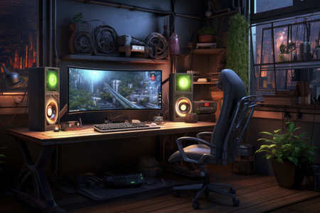 Futuristic gaming room with monitors and computers, 3d rendering of a computer room with a lot of gaming equipment , AI Generatedの素材