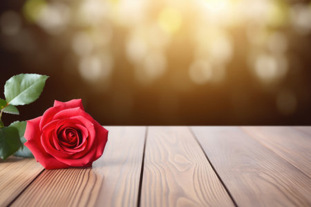 Empty wooden table top with flower and bokeh on blur background An empty wooden counter table top for product display Ai generatedの素材