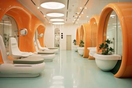 Modern dental office decoration pink color, Dental clinic chair in hospital bed, room, chair, window, Ai generatedの素材