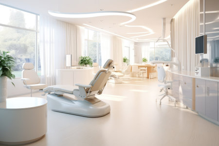 Modern dental office, Dental clinic chair in hospital room, chair, window, Ai generatedの素材