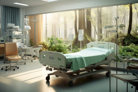 Hospital room with a bed, Comfortable medical Interior of an empty hospital room and Recovery Room with beds Ai generatedの素材