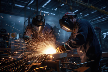 metal worker welding in factory, Work crew working with heavy metallurgical equipment, young male technician working in industry Ai generatedの素材