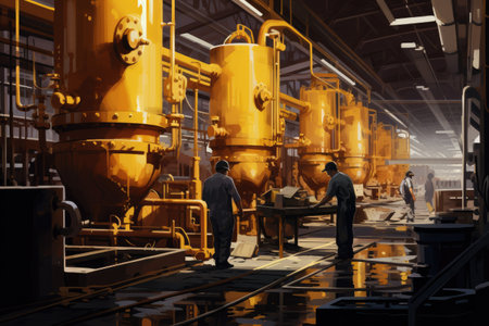 Work crew working with heavy metallurgical equipment, young male technician working in industry Ai generatedの素材