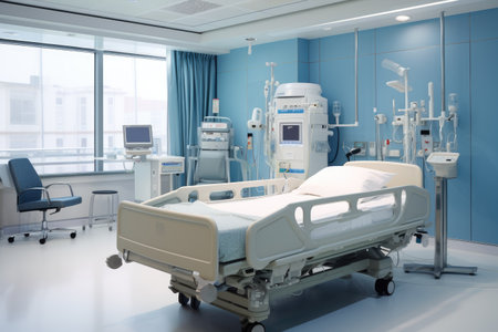 Modern Hospital room with a bed, Comfortable medical Interior of an empty hospital bed and Recovery Room with bed Ai generatedの素材