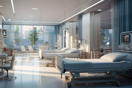 Modern Hospital room with a bed, Comfortable medical Interior of an empty hospital bed and Recovery Room with bed Ai generatedの素材