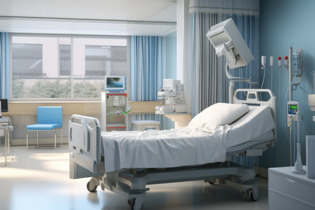 Modern Hospital room with a bed, Comfortable medical Interior of an empty hospital bed and Recovery Room with bed Ai generatedの素材