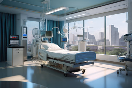 Modern Hospital room with a bed, Comfortable medical Interior of an empty hospital bed and Recovery Room with bed Ai generatedの素材