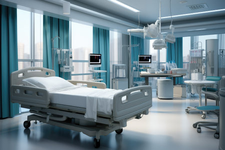 Modern Hospital room with a bed, Comfortable medical Interior of an empty hospital bed and Recovery Room with bed Ai generatedの素材