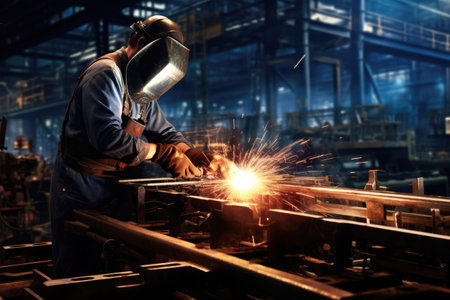 welder is welding metal, Building welder in a safety helmet welding a steel structure at a construction site Ai generatedの素材