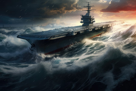 Aircraft carrier Military strategic ship, panoramic view of a generic military aircraft carrier ship with fighter jets take off during a special operation at a warzone Ai generatedの素材