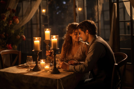 Happy young couple in candle night dinner having romantic dinner at home, woman making present surprise on candle light date Ai generatedの素材