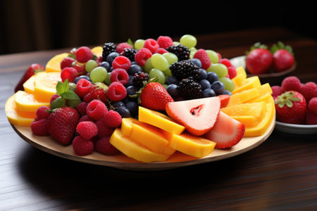 Fruits on plate, fruits decoration ready to eat, Fresh Fruit Variety on Tray Healthy Eating Diet Food Ai generatedの素材