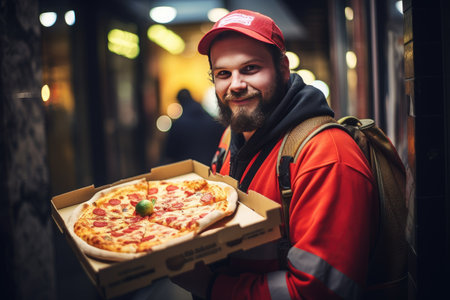 Pizza delivery man ready to pizza boxes to customer. Food delivery service, pizza for young man at home Ai generatedの素材