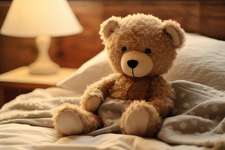 Teddy bear on bed, teddy bear on bed with pillows and lighting background Ai generatedの素材