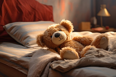 Teddy bear on bed, teddy bear on bed with pillows and lighting background Ai generatedの素材