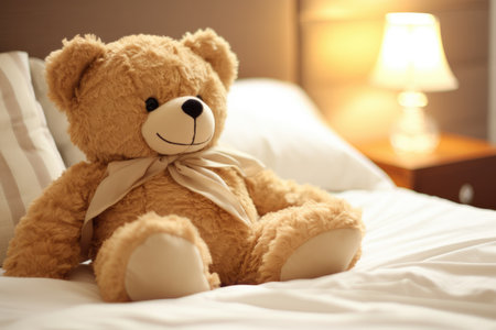 Teddy bear on bed, teddy bear on bed with pillows and lighting background Ai generatedの素材