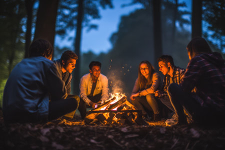Group of young friends sitting near bonfire at night Camping concept, Young people sitting around a bonfire Ai generatedの素材