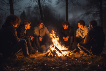Group of young friends sitting near bonfire at night Camping concept, Young people sitting around a bonfire Ai generatedの素材