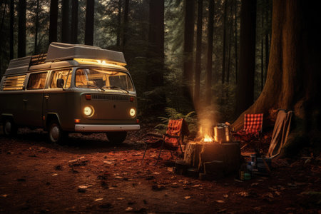 camping in the forest with a Camper van, enjoying a summer camping, top section cropped and side view Ai generatedの素材