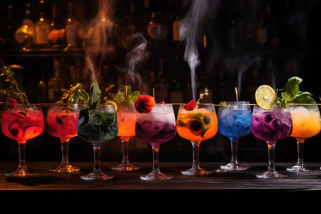 different colored cocktails in glasses on a table, Decoration of different cocktail in different Glasses Ai generatedの素材