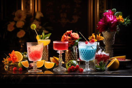 different colored cocktails in glasses on a table, Decoration of different cocktail in different Glasses Ai generatedの素材